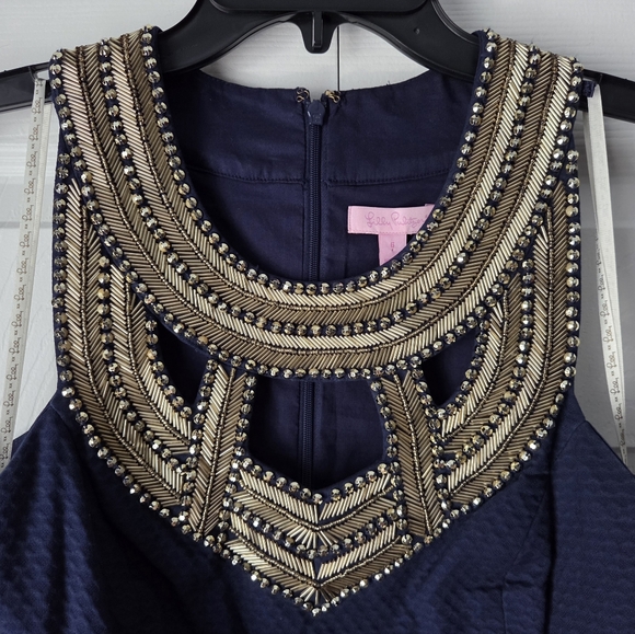Lilly Pulitzer Carlton Shift Navy Dress with Embellished Neckline Size 6 - Picture 4 of 13